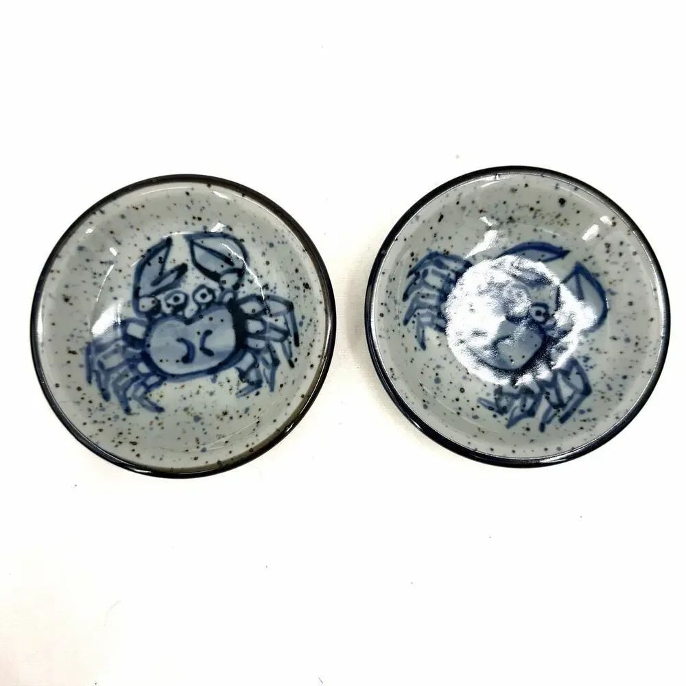 Ceramic Sushi Soy Sauce Dish Hand Painted Crab Design Blue Speckled 3.5